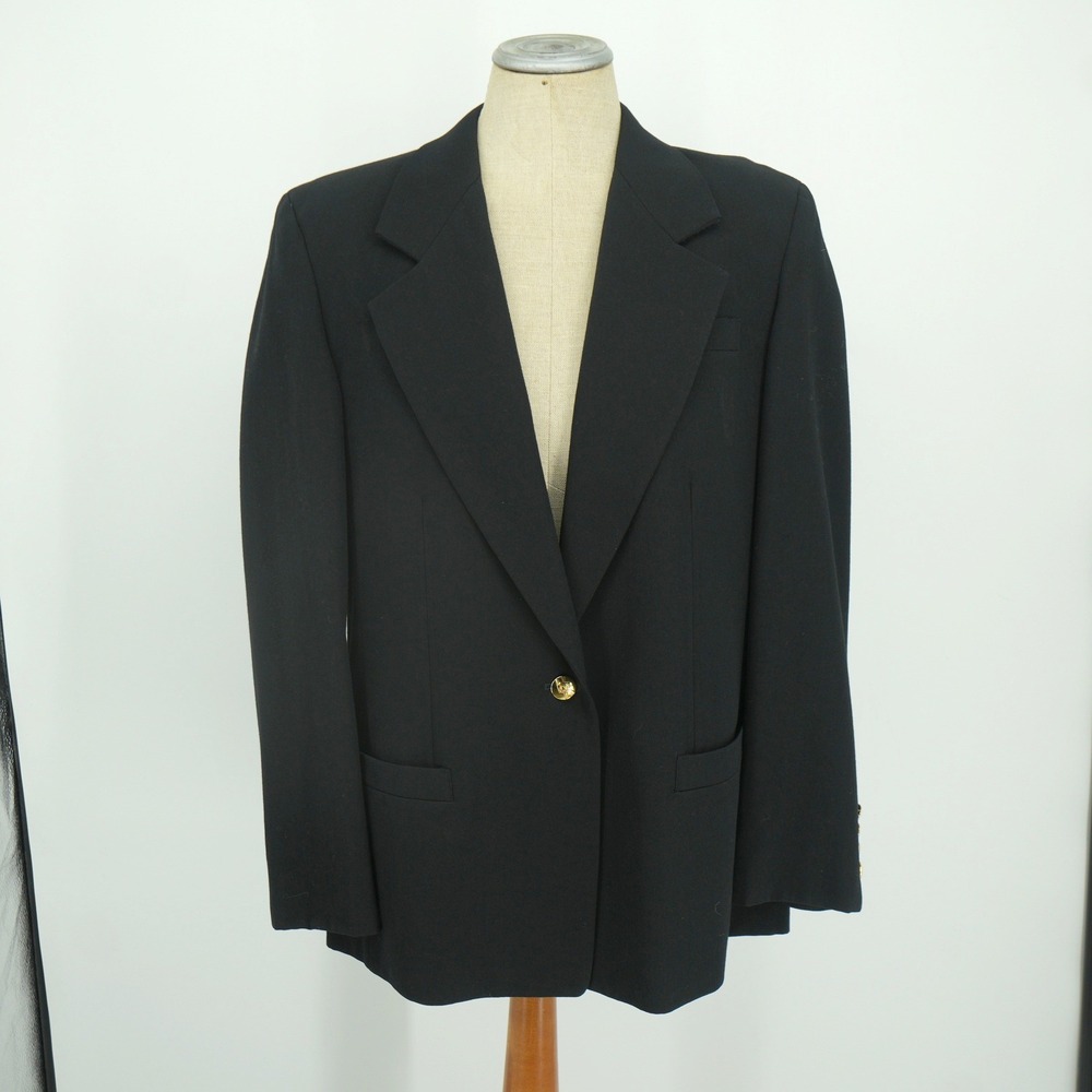 Austin Reed Blazer Womens 12 Black Worsted Wool Gold Button Preppy Career Jacket